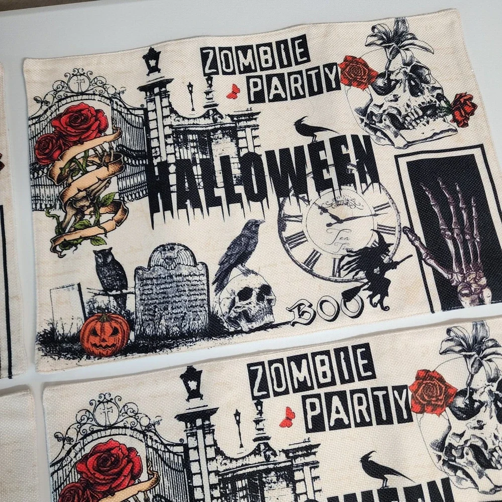 Halloween Theme Place Mats 4 Pack Roses Crows Skulls Spooky Zombie Party 18x12
